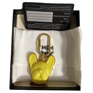 MCM Frenchie Bull Dog Face Yellow Keychain Bag Charm w/Box & Dustbag